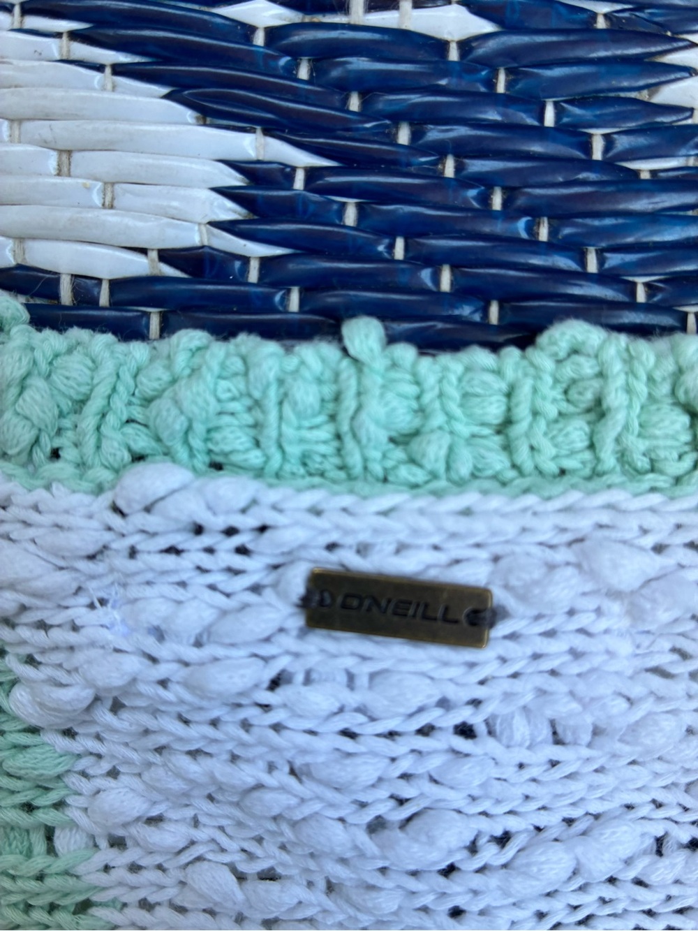 O'Neill Mint Green, White & Rust Striped V-Neck Summer Sweater - Picture 5 of 6